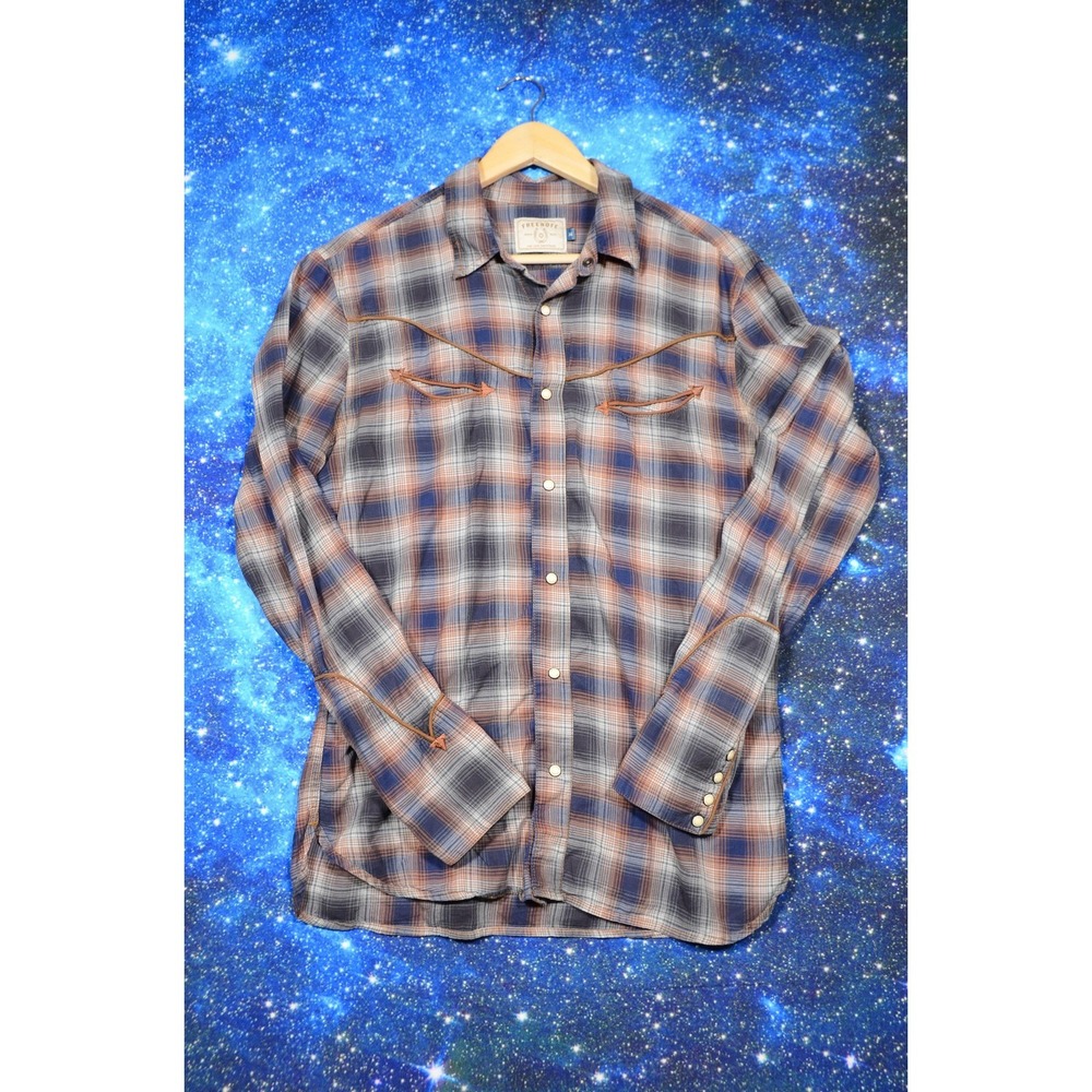 Freenote Cloth Shirt Mens Medium Blue Brown Plaid‎ Snap Front Western Casual